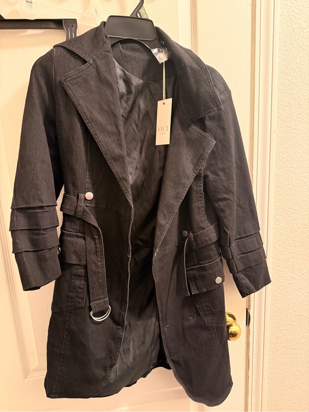Vici Black Denim-Style Trench Coat with Belted Detail